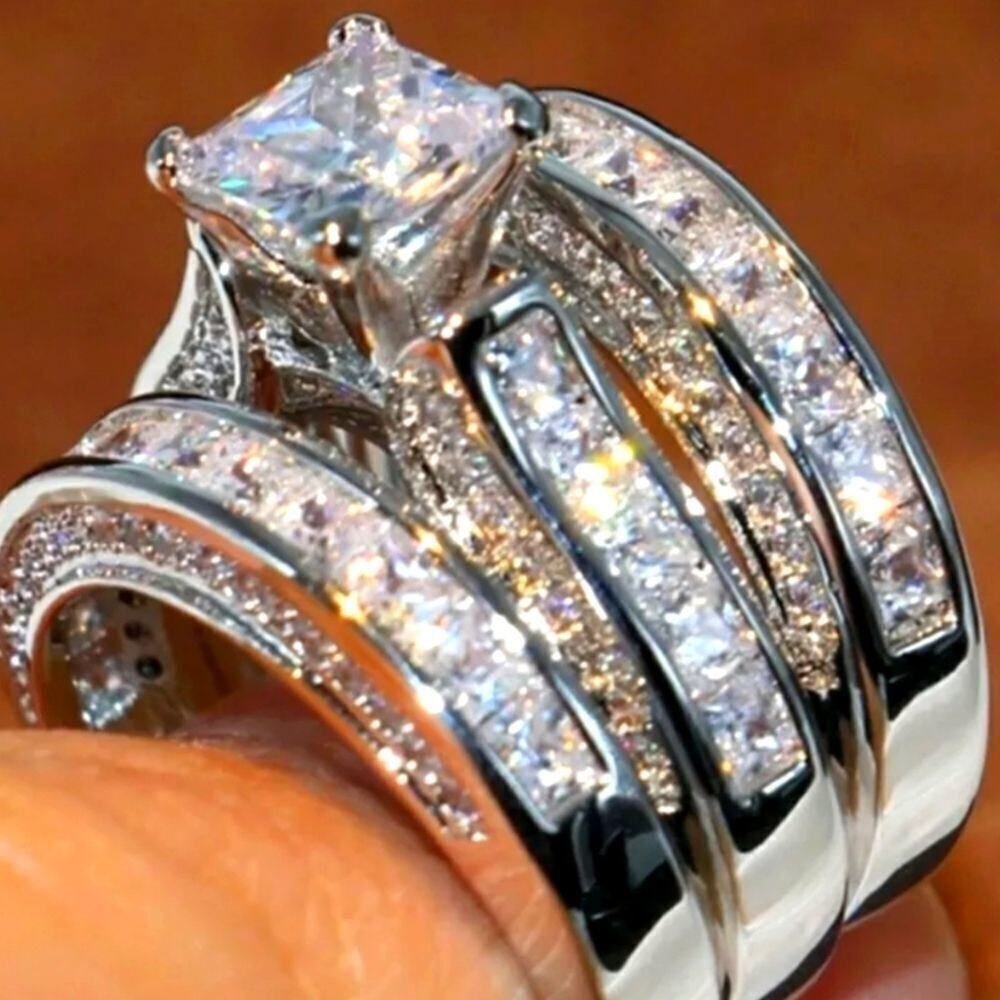 3 Ring Set - Beautiful 925 Wedding & Engagement Diamond Rings